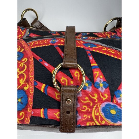 Dolce Gabbana Vintage Sicilian Red Black Fabric Brown Leather Bag Purse - Picture 6 of 16